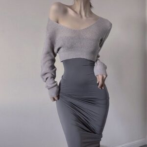 Backless Hollow-out Knit Two-piece Dress Set with Tie Detail and Grey Sweater
