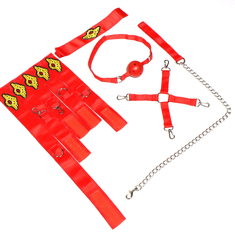 SM Seven-Piece Adult Couple Play Set with Handcuffs, Ball Gag, Whip, Nipple Clamps, Candle and Sheet - Image 4