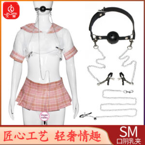 SM Mouth Gag and Nipple Clamps Set with Bondage Straps in Metal and Leather