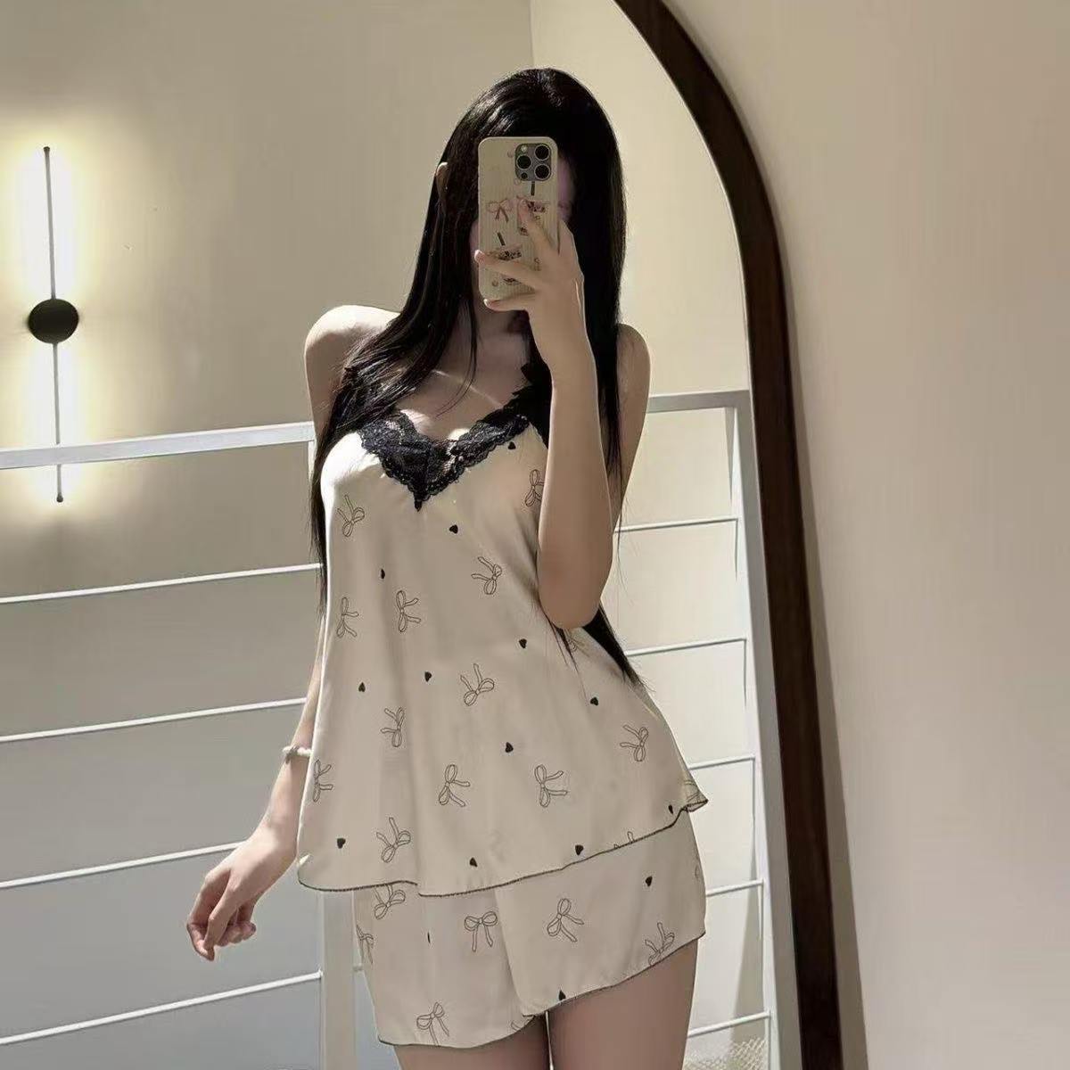 French-Style Sweet Cartoon Pajama Set for Women, Ice Silk Camisole and Shorts Loungewear with Lace Trim - Image 3