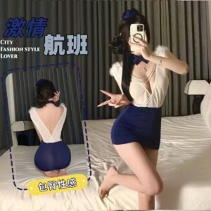 Stewardess Role-Play Lingerie Set with Deep V See-Through Top and Hip Skirt