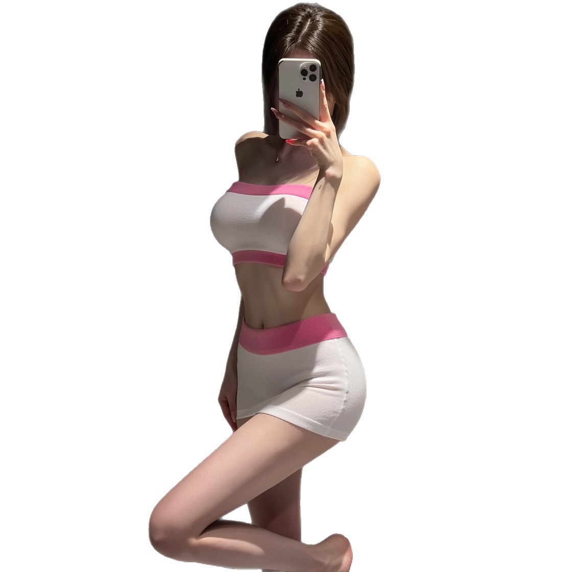 Knitted Tube Top & Mini Skirt Set, Two-Piece Christmas Pajama Style, White-Black - Image 5