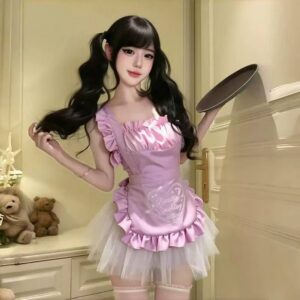 Maid Cosplay Costume Set with White Apron, Satin Skirt and Butterfly Socks