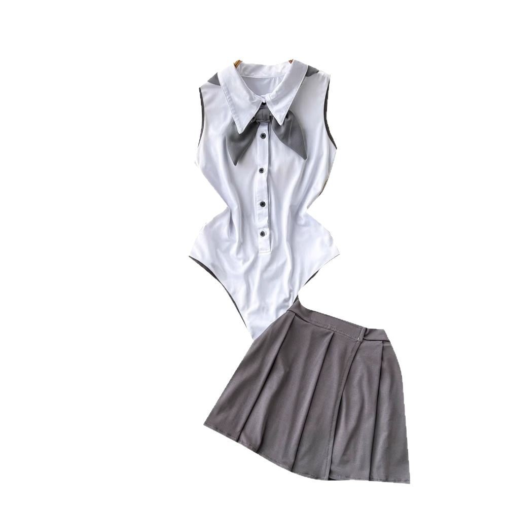 Sailor Role-Play Lingerie Set with One-Piece Skirt and Black Open-Crotch Stockings - Image 5