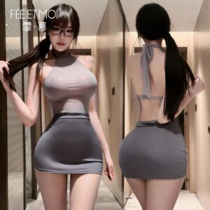 Feimu Sheer Mesh OL Roleplay Lingerie Set with Backless Dress and Thong, One Size