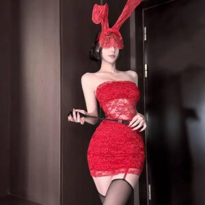 Retro Lace One-Shoulder See-Through Babydoll Dress with Garters and Veil Ears