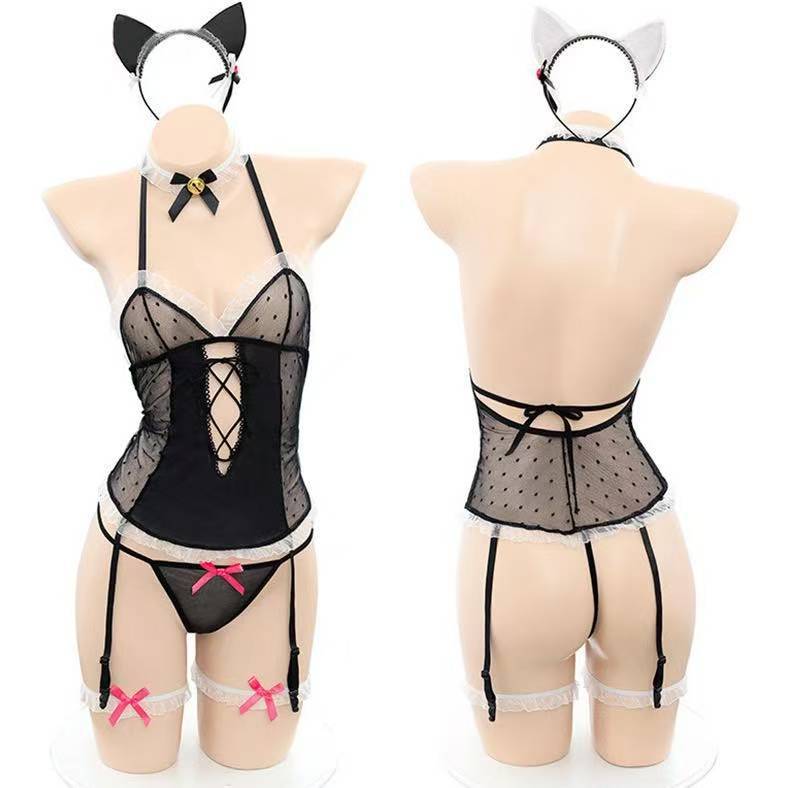 Catgirl Roleplay Lingerie Set with Lace Trim, Polka Dots and Black Stockings - Image 5