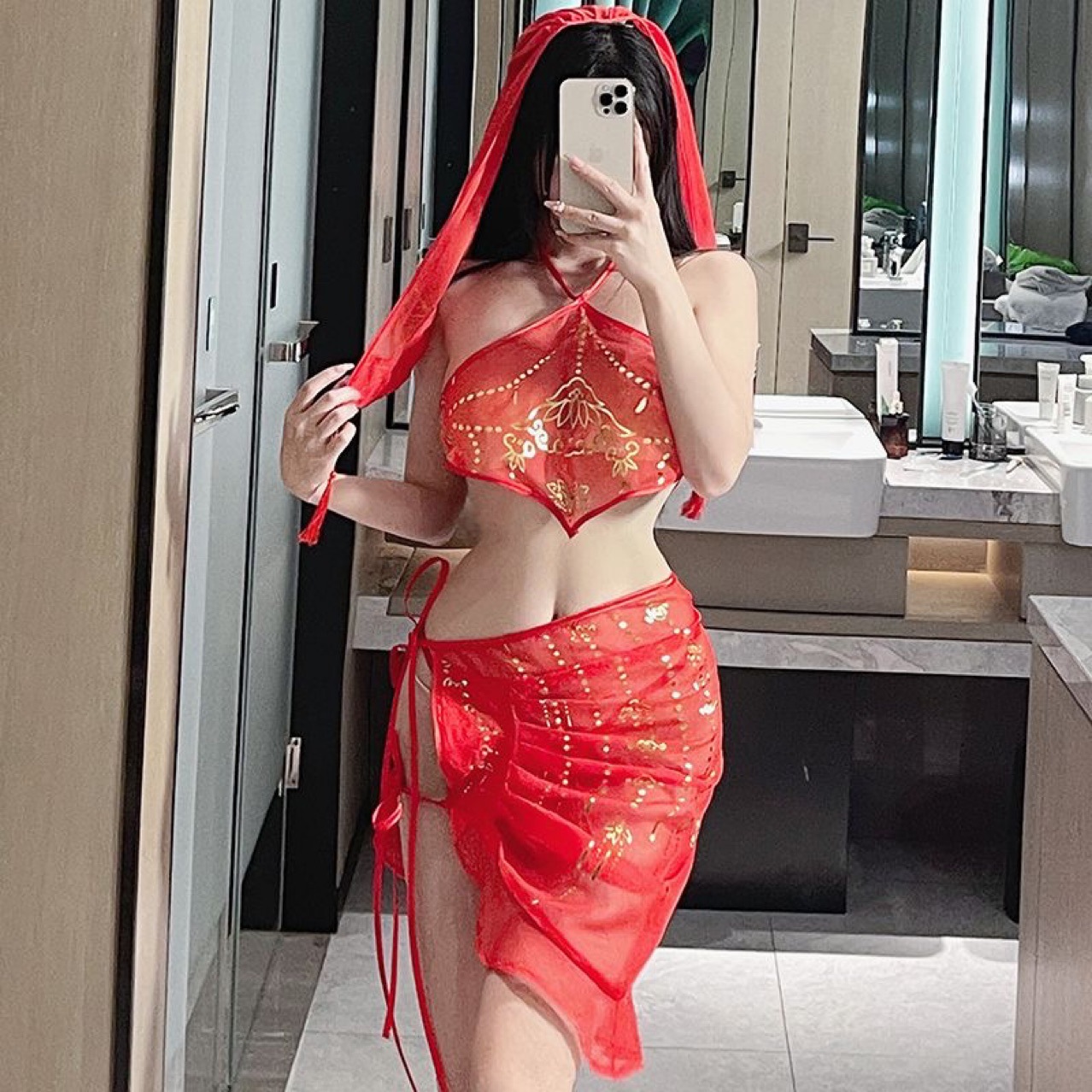 Red Hanfu Bride Costume Set with Veil, Halter Top, Skirt and Panties - Image 3