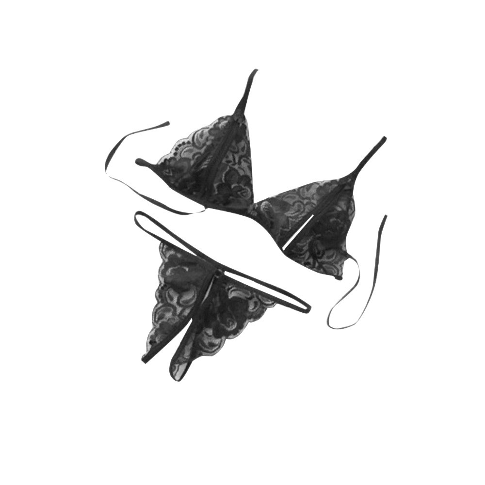 Open-Crotch Lace Lingerie Set, Transparent Black Three-Piece Thong, One Size - Image 2
