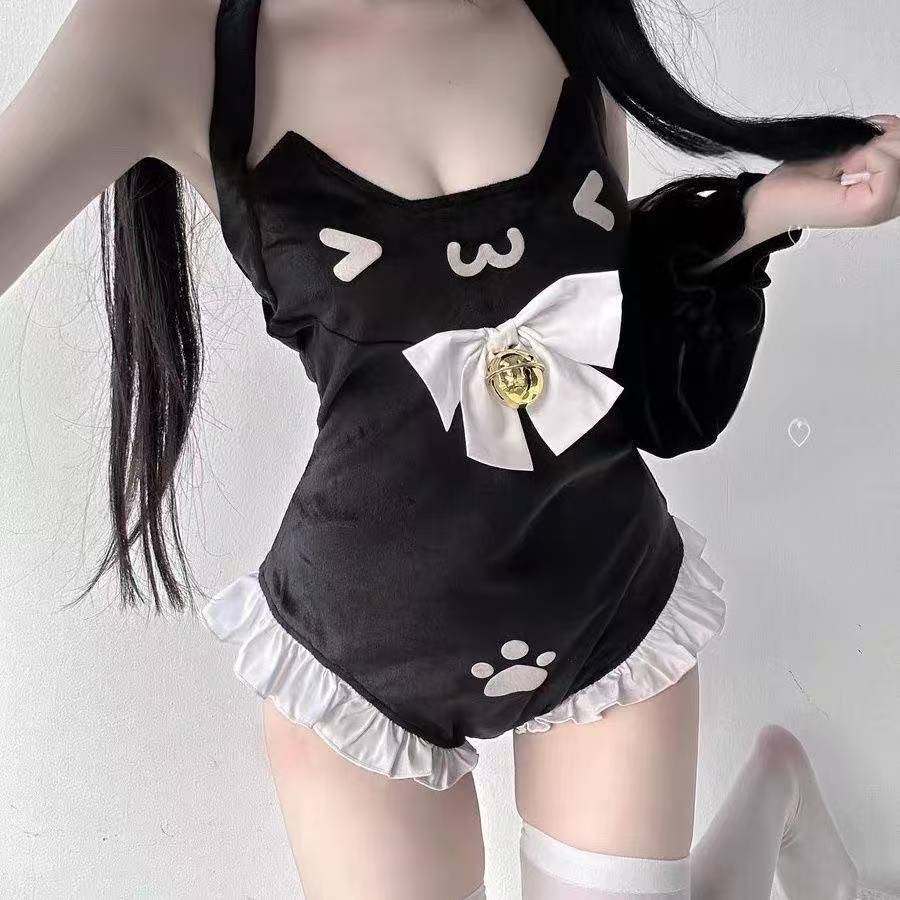 Cat Maid Roleplay Lingerie Jumpsuit, Halter Neck Velvet-look Nylon, One Size Black - Image 4
