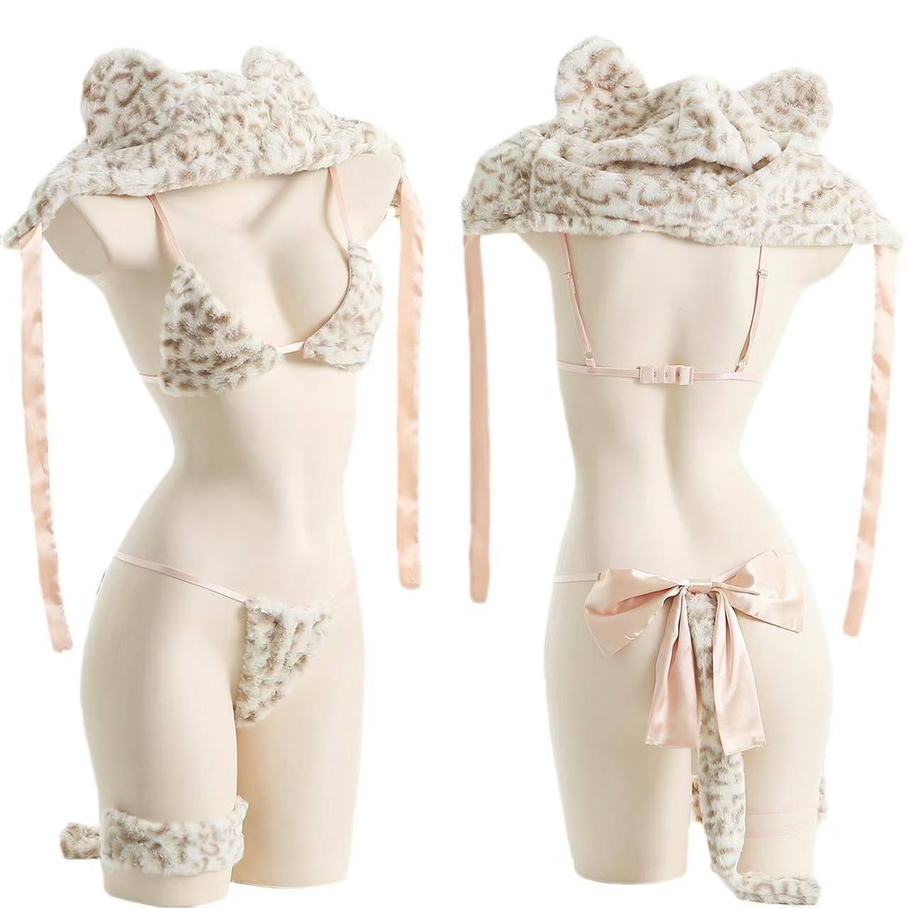 Bunny Girl Leopard Uniform Lingerie Set Cute Christmas Plush Three-Piece Costume - Image 3