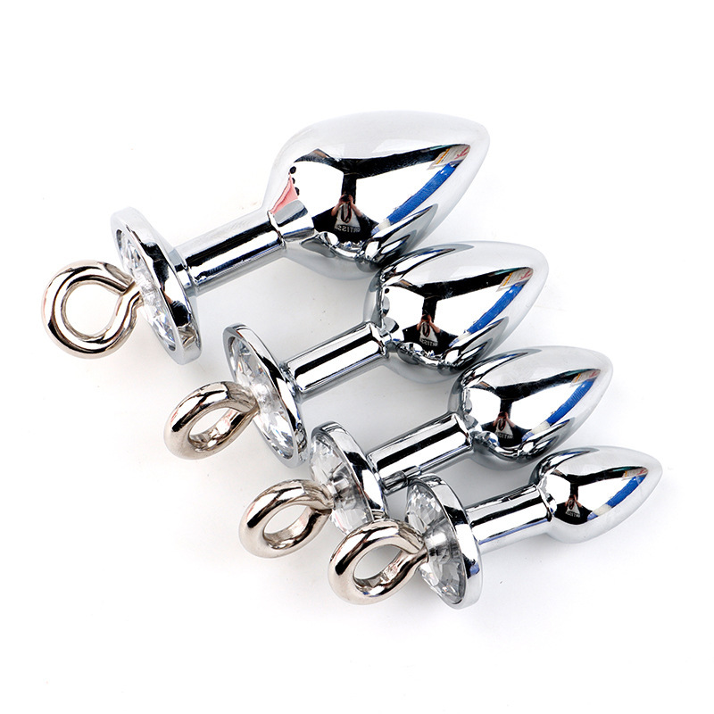 Metal Anal Plug with Diamond-Studded Pull Ring, Silver Aluminum Alloy, Wearable Design - Image 4