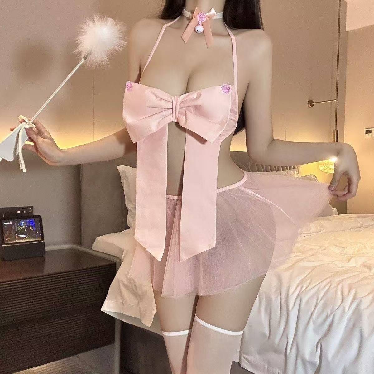 Pink Bow Three-Piece Lingerie Set with Mesh Overlay, Collar Bell and White Tights - Image 4