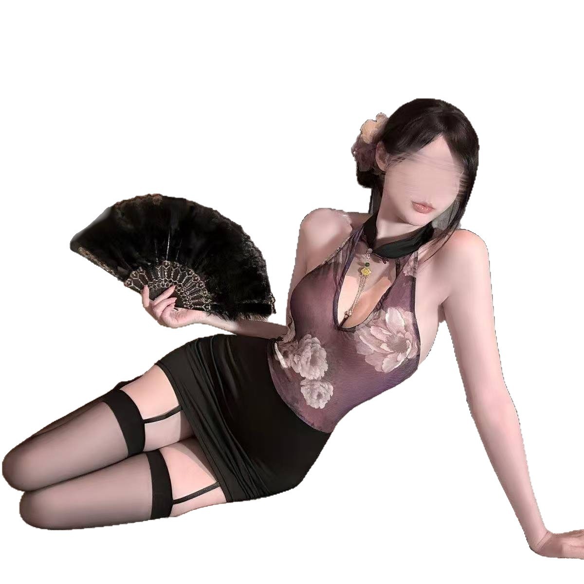 Chinese-Style Secretary Roleplay Lingerie Set with Cheongsam Dress, Thong, Garters and Pendant - Image 5