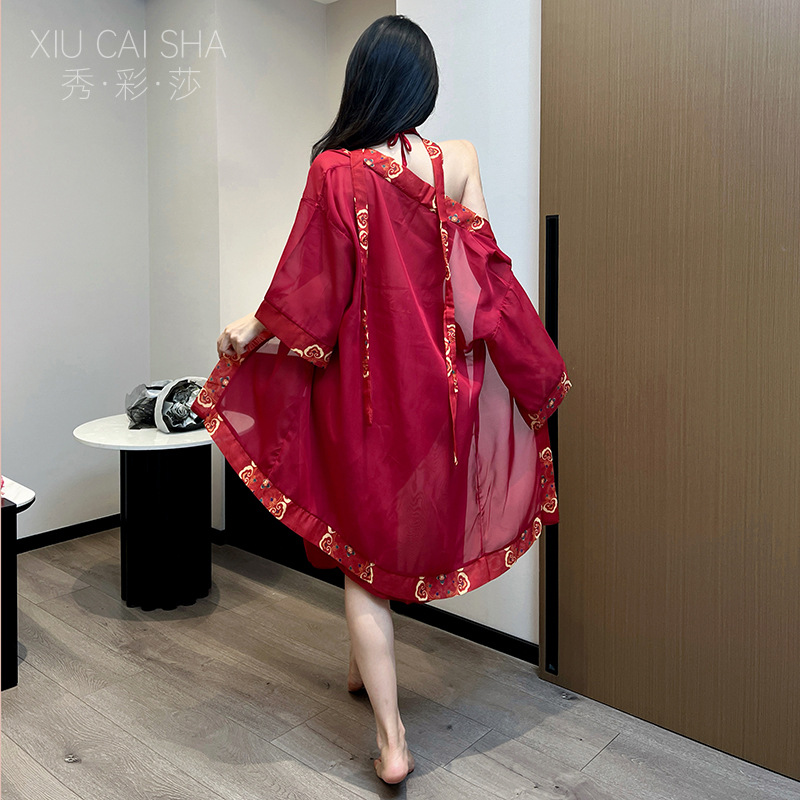 Chinese Han-Style Chiffon Bellyband Lingerie Set, See-Through 5-Piece Uniform - Image 4