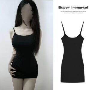 Pure Desire Spaghetti Strap Short Dress, Slim Fit Black Sleepwear for Petite Women