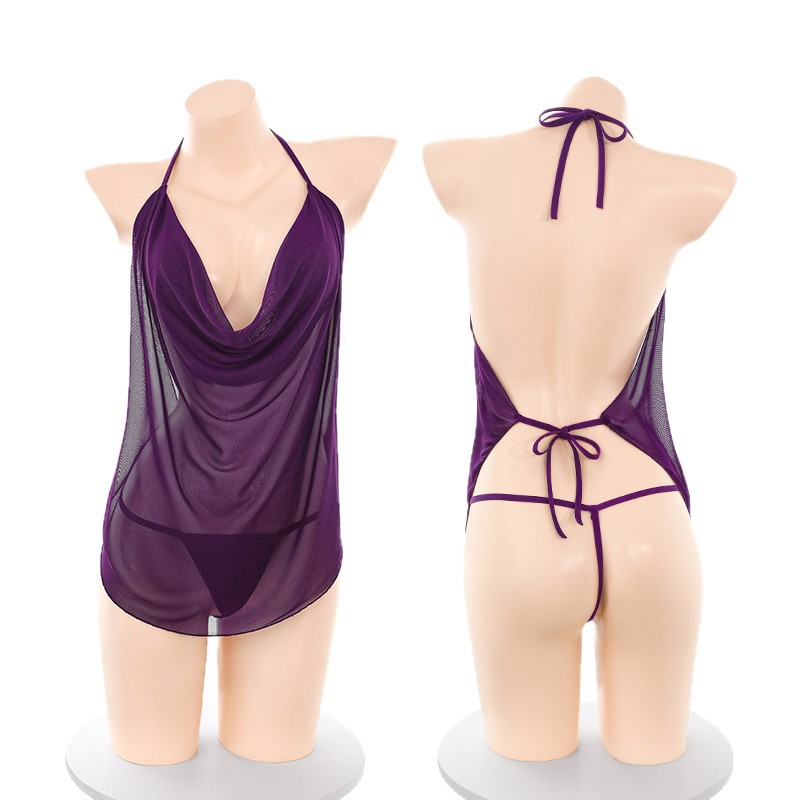 Feimu Lace-Up Halterneck Pile Collar Bodysuit with Thong, Sheer Mesh Lingerie Set - Image 5