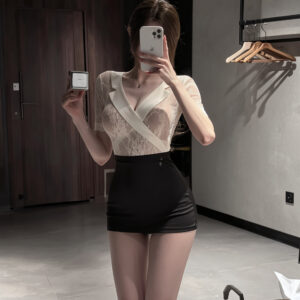 Secretary-Style Costume Set with Fitted Top and High-Waisted Mini Skirt