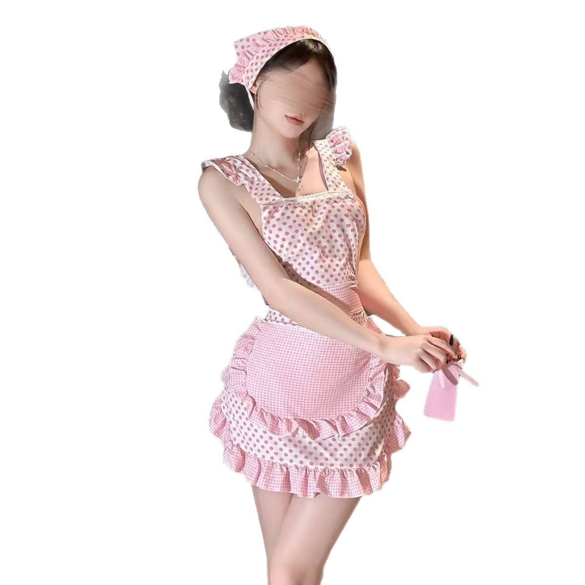 Pink Polka Dot Maid Apron Set with Headscarf, Sheer Polyester Roleplay Uniform - Image 5