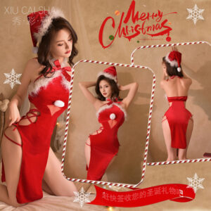 Bunny Girl Christmas Costume Jumpsuit with Fur Ball Detail, Red Polyester, One Size