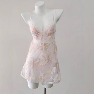 French-Style Lace Mesh Nightgown, Embossed Floral Blue Short Babydoll with Hollow-Out Detail