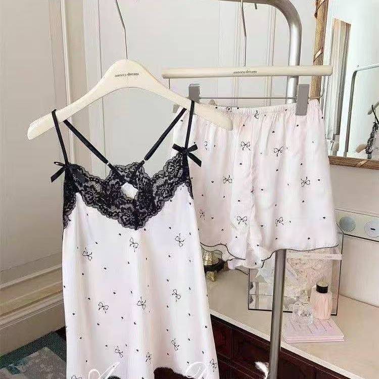 French-Style Sweet Cartoon Pajama Set for Women, Ice Silk Camisole and Shorts Loungewear with Lace Trim - Image 4
