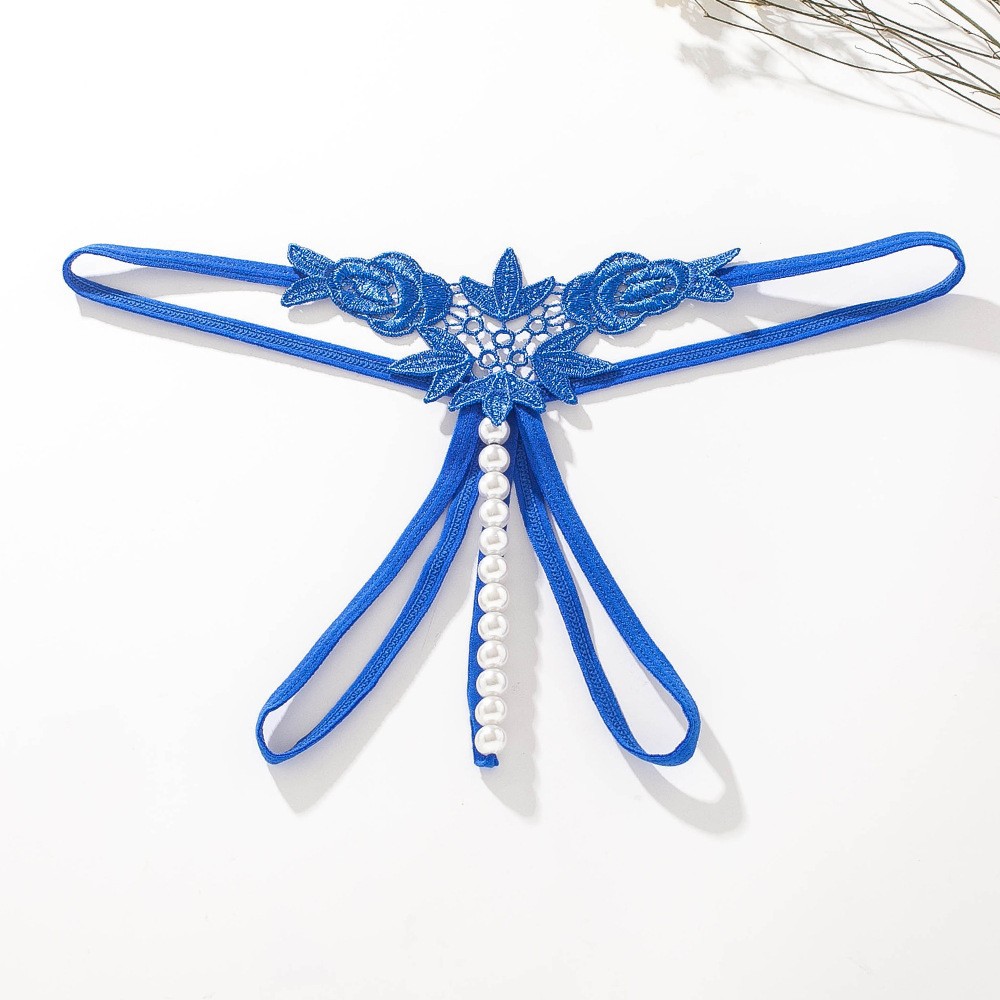 Women's Hollow Embroidered Thong with Pearl Detail, Open Crotch, Blue, One Size - Image 4