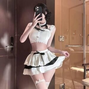 Sailor-Style JK Uniform Costume Set with Tube Top, Flutter-Sleeve Top and Bowknot Mini Skirt