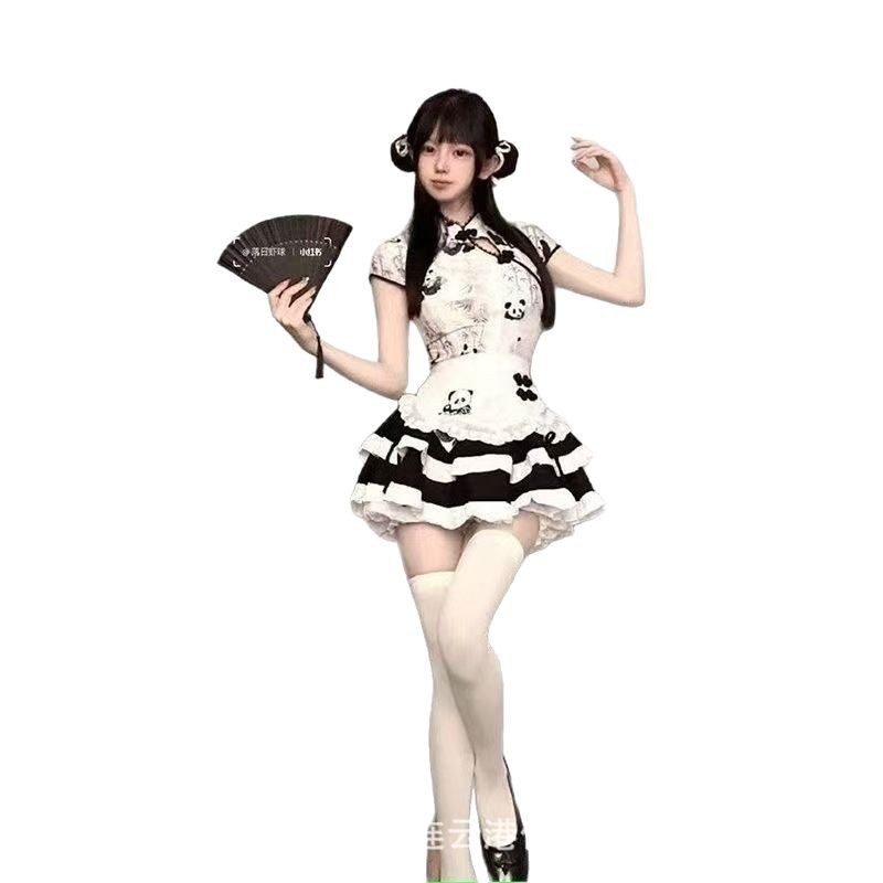 Chinese-Style Panda Print Maid Apron Set with Top and High-Waist Puffy Skirt - Image 5