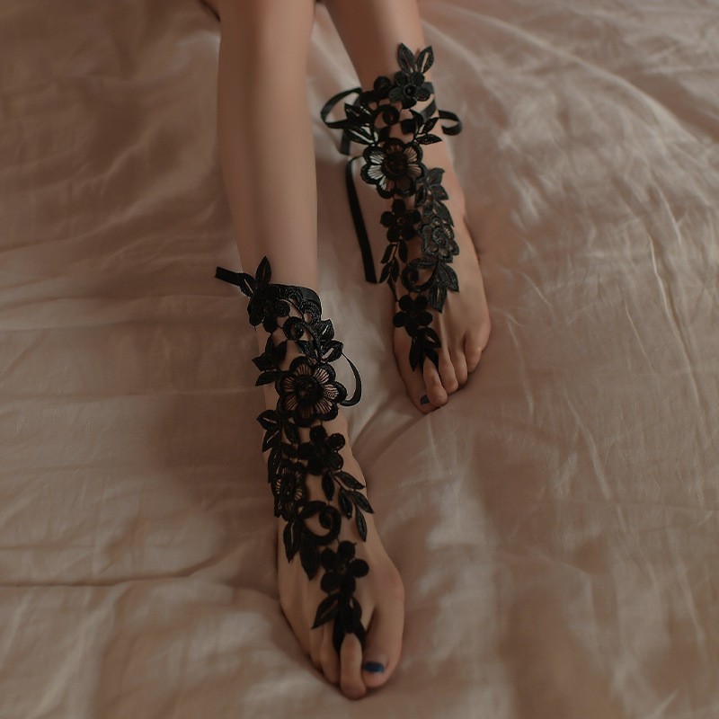Lace Drawstring Hollow Mesh Stockings in Wine Red for Women - Image 3