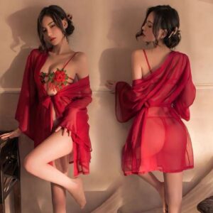 Rose Fairy Lace Cosplay Lingerie Set with Robe, Corset Top, Panties and Belt
