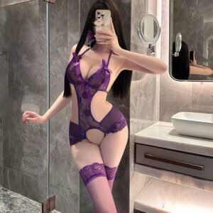 Lace Open-Crotch Bodysuit with Uniform-Style Detailing, One Size, Black