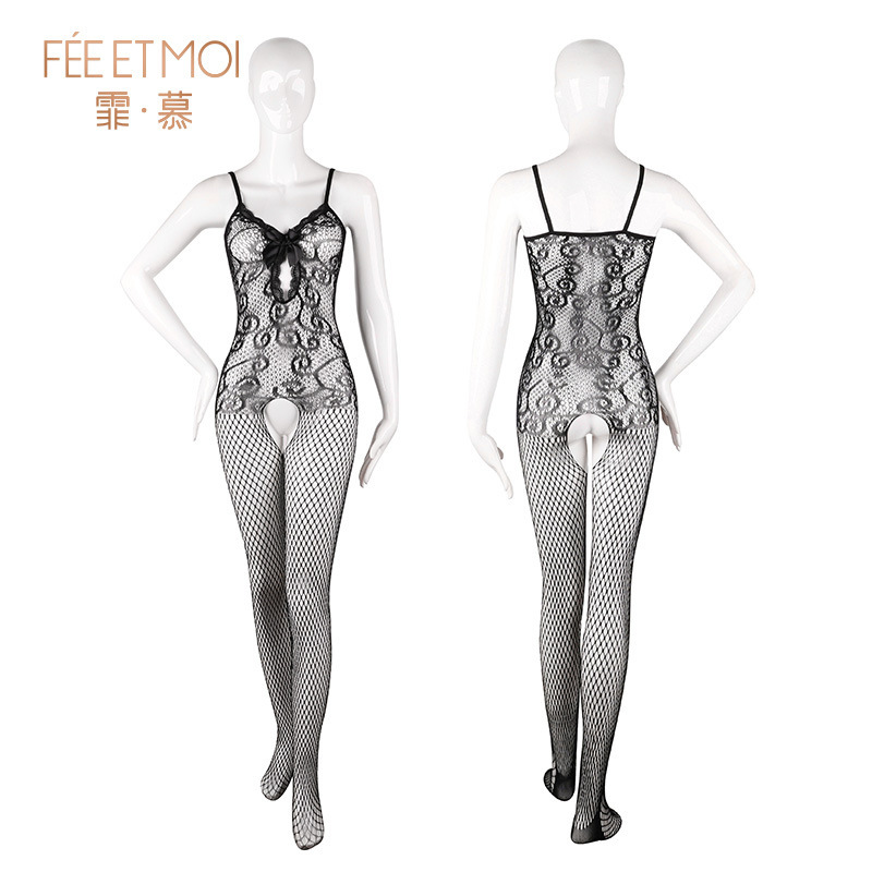 Feimu Cut-Out Mesh One-Piece Bodystocking with Open Crotch, Plus Size, Black - Image 5