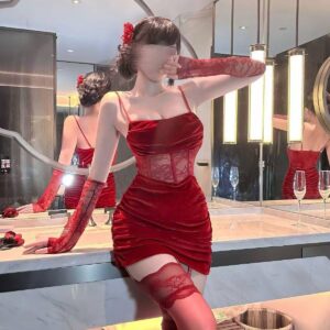 Red Velvet Rose Lace Cheongsam Costume Set with Velvet Bag and Arm Sleeves