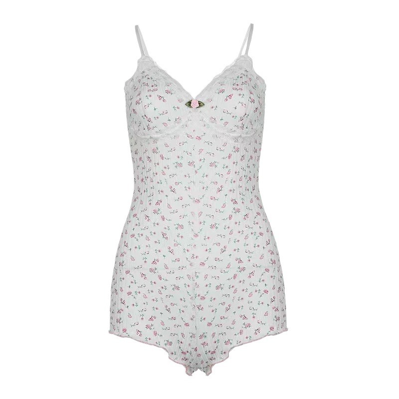 Rose Floral V-Neck Sling Nightdress Jumpsuit with Chest Pad - Image 5