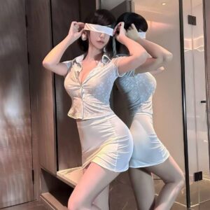 Secretary Roleplay Costume Set with Mesh Hip Skirt and White Bodystockings, Slim One Size