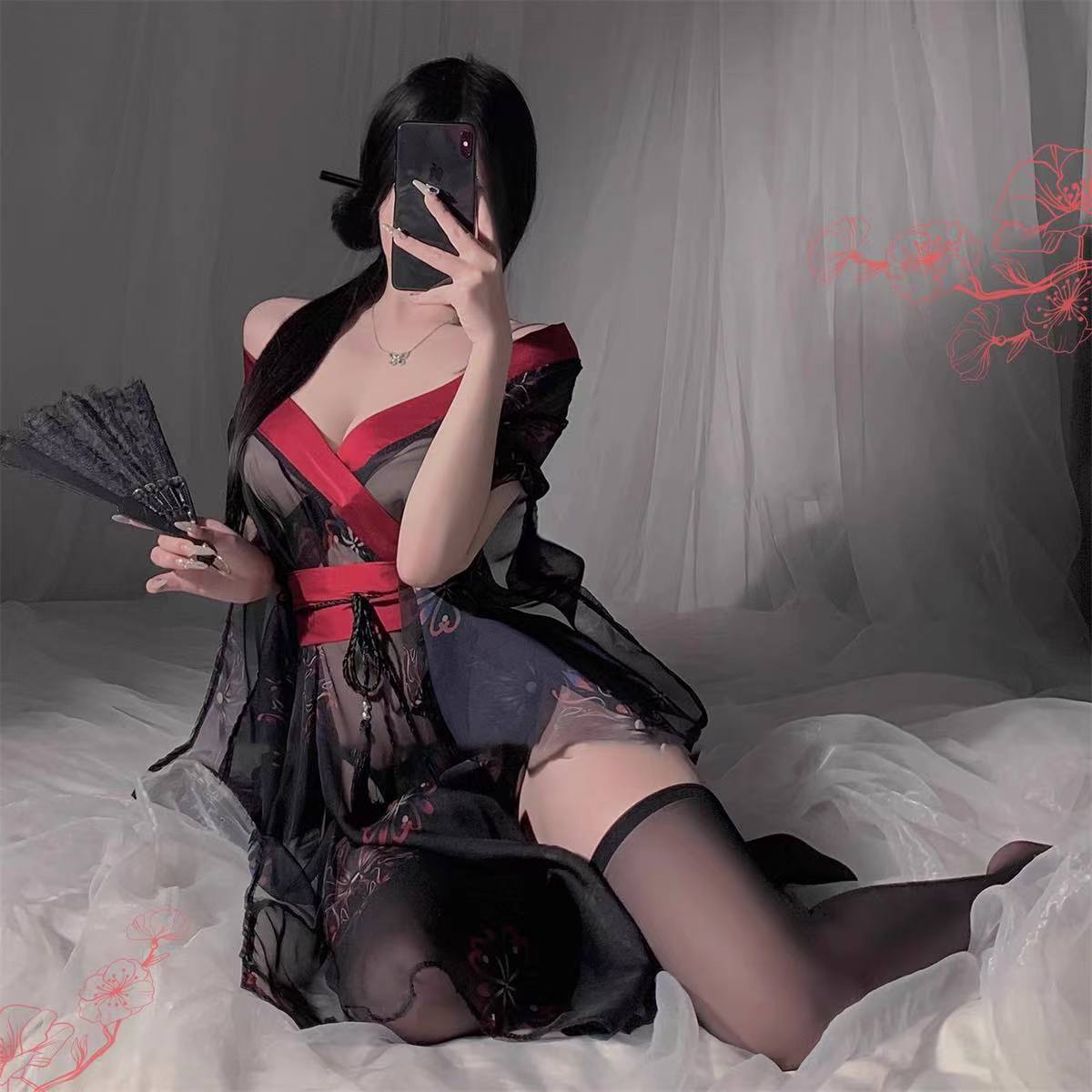 Sexy Kimono-Style Roleplay Lingerie Set with Obi Belt and Panties, Sheer Mesh - Image 2