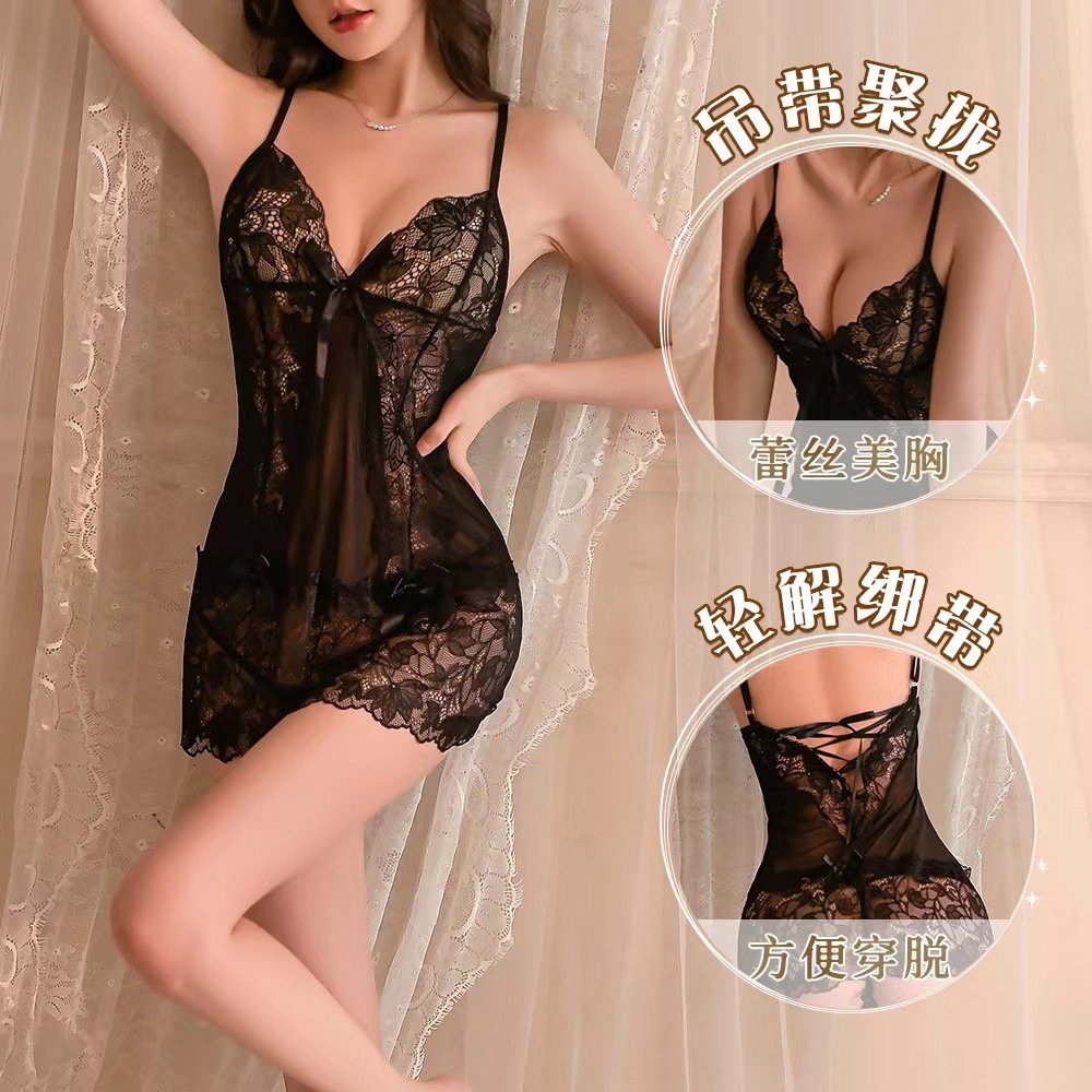 Purple Lace Mesh Slip Nightgown with Black Bodystocking, Sheer Hollow-Out Lingerie Set - Image 4