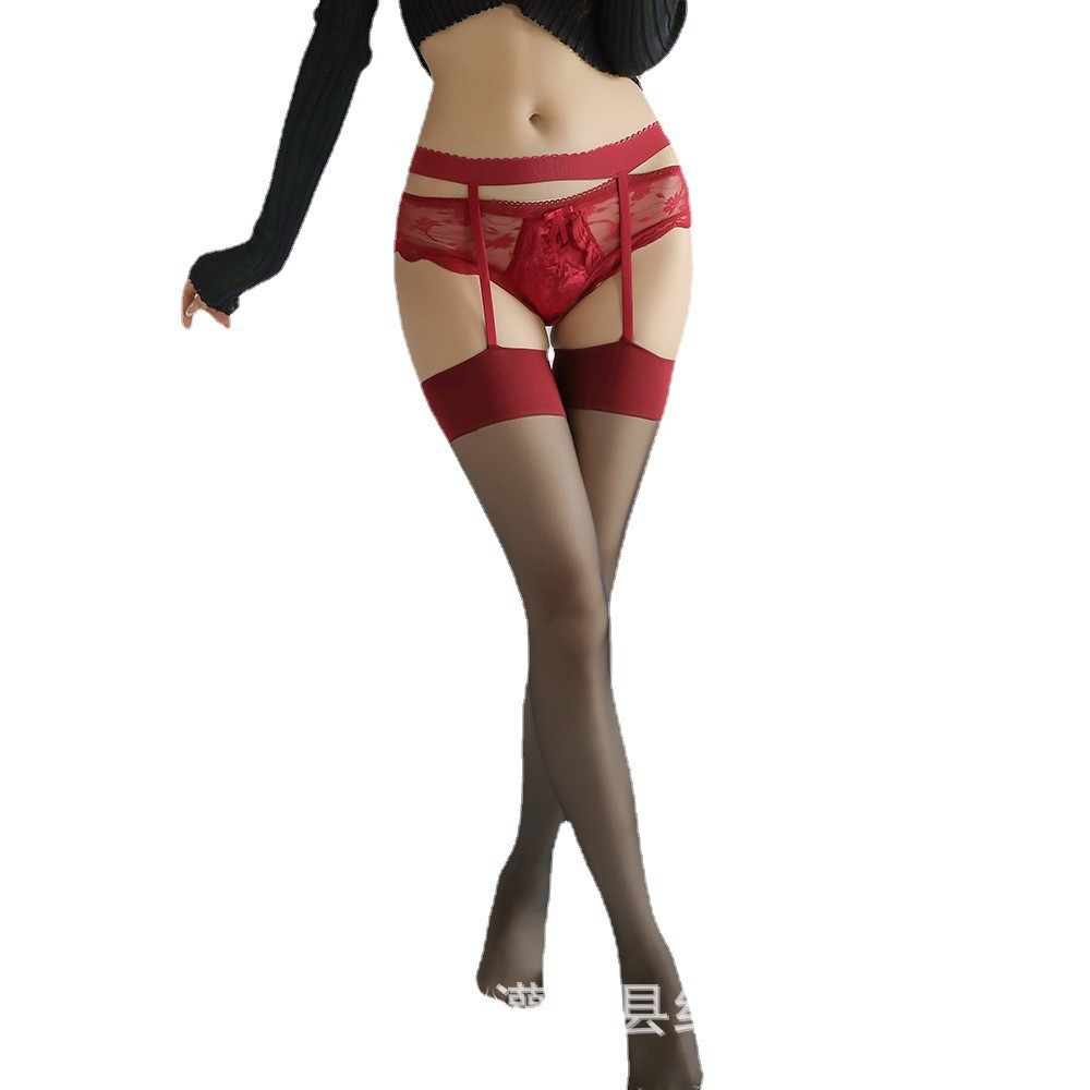 Women's Sheer Knee-High Stockings with Lace Garter, Solid Black, One Size - Image 5