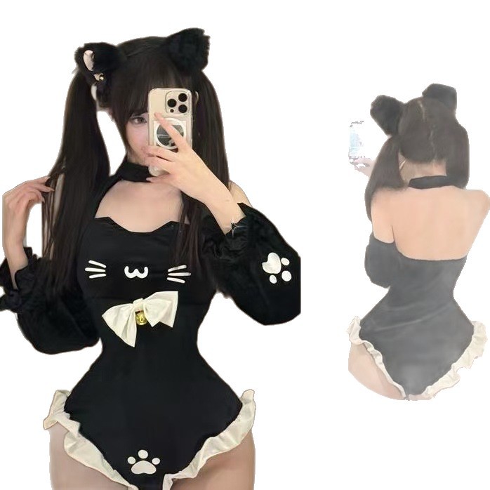 Cat Maid Roleplay Lingerie Jumpsuit, Halter Neck Velvet-look Nylon, One Size Black - Image 5