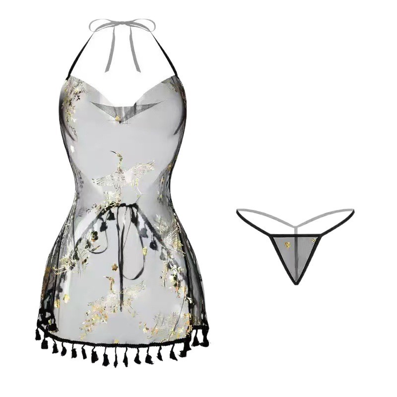 Gold-Embossed Crane Halter Nightgown with Tassel Straps and Backless Bellyband - Image 5