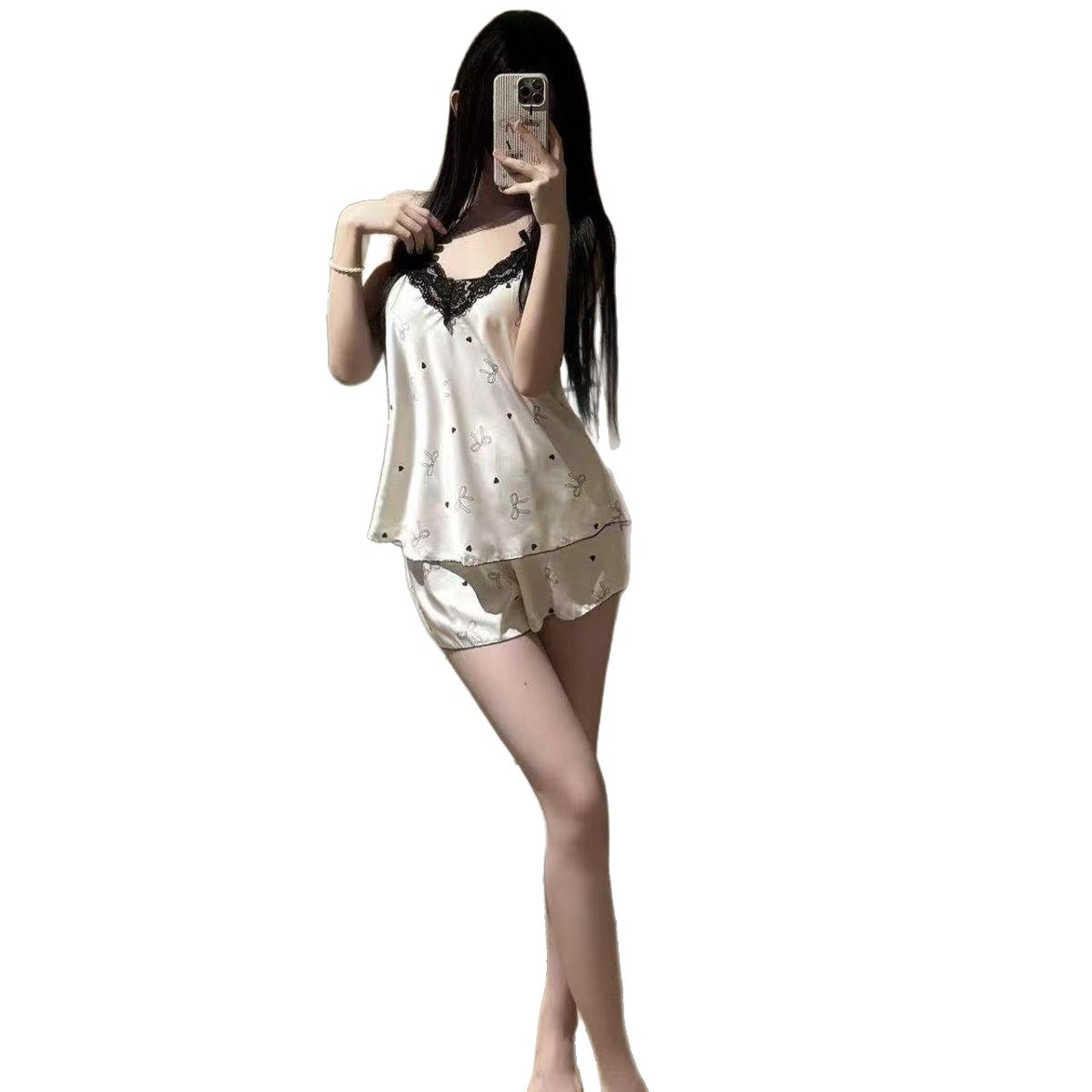French-Style Sweet Cartoon Pajama Set for Women, Ice Silk Camisole and Shorts Loungewear with Lace Trim - Image 5