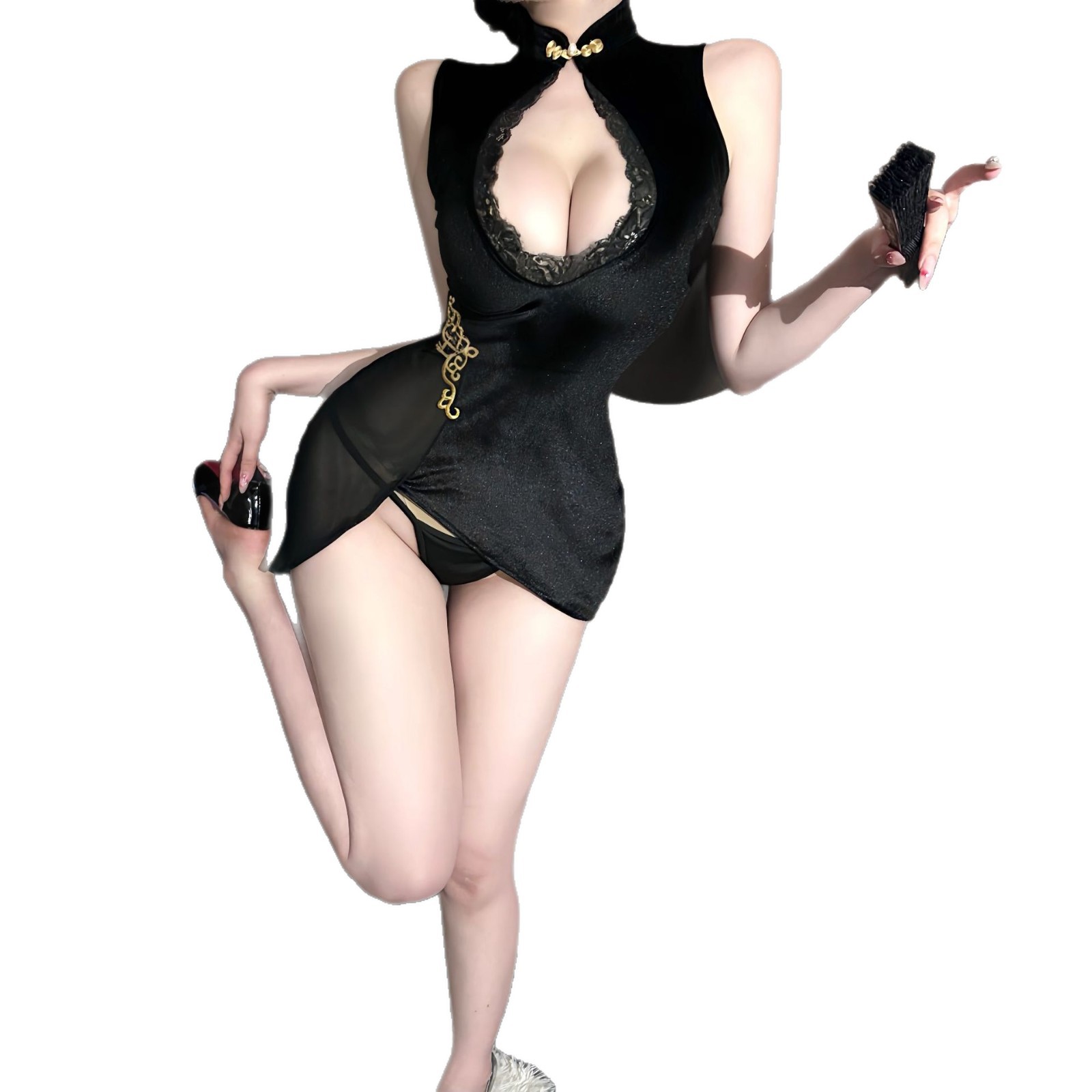 Sheer Lace Cheongsam Uniform Set with Stand Collar, Deep V-Neck and Hollow-Out Design - Image 5