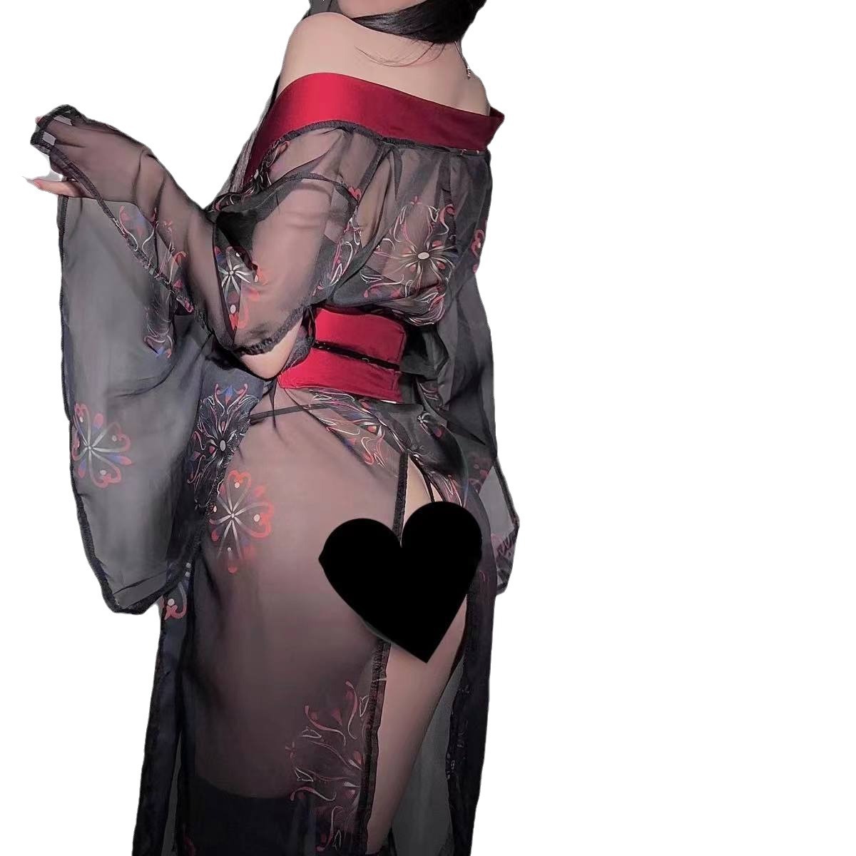Sexy Kimono-Style Roleplay Lingerie Set with Obi Belt and Panties, Sheer Mesh - Image 5