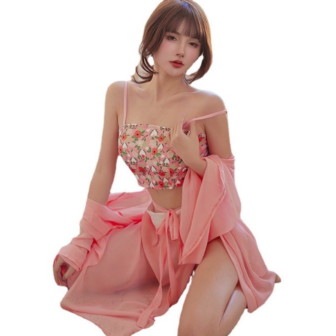 Han Dynasty Floral Bellyband Costume Set with Chiffon Robe, Slip Dress and Briefs, Plus Size - Image 5