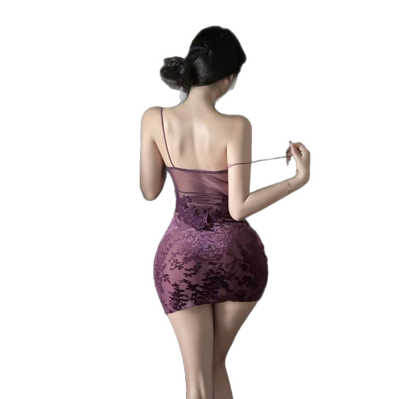 Seductive Camisole Nightgown Set with White Stockings, Lightweight Polyester, Hip-Hugging Fit - Image 5