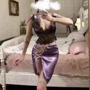 Purple Deep V Mesh Cheongsam-Style Lingerie Set with Top, Skirt and Panty