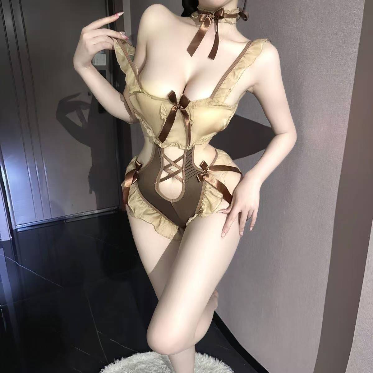 Lace One-Piece Maid Costume with Stockings and Ear Accessory, Polyester Role-Play Set - Image 4