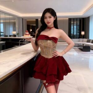 One-Shoulder French-Style Maid Costume Dress with Neck Ring, Waist-Cinching Puffy Mini Skirt