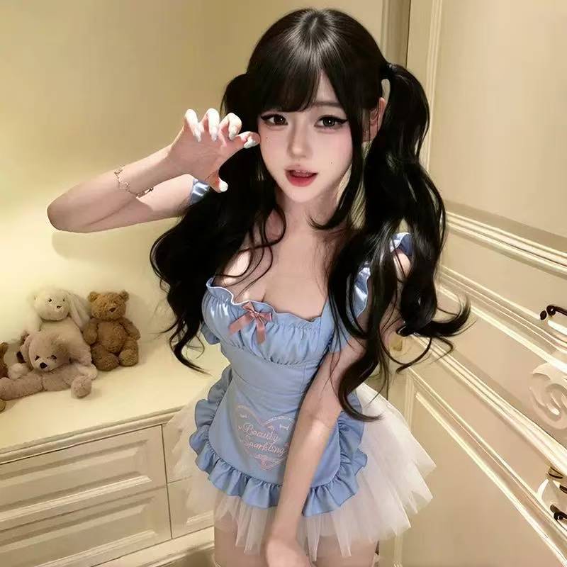 Maid Cosplay Costume Set with White Apron, Satin Skirt and Butterfly Socks - Image 2